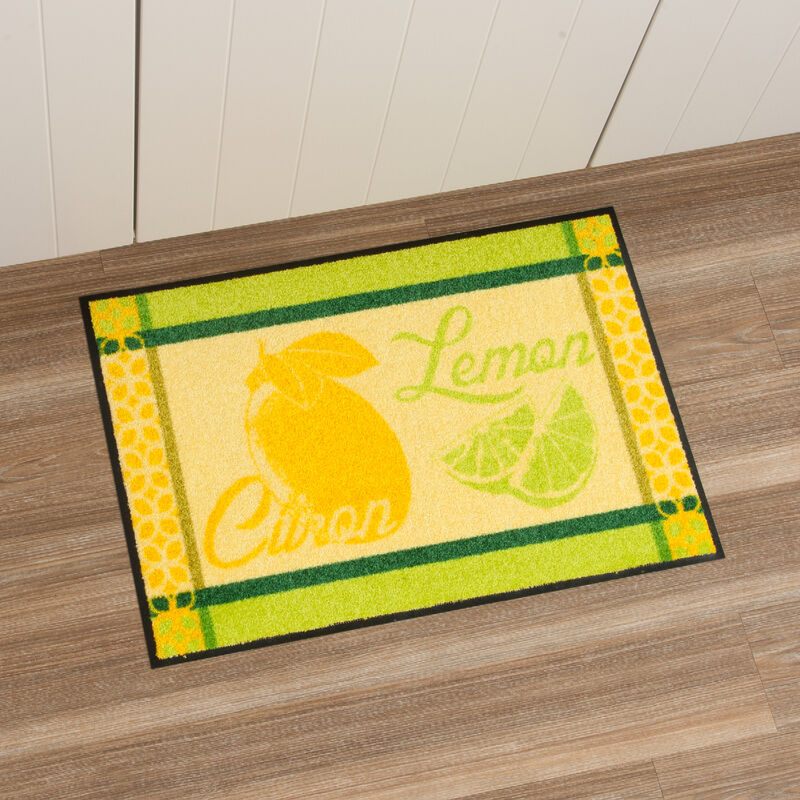 Ce tapis de sol spécial cuisine au design exclusif au motif citron protège sols et articulations Photo 2