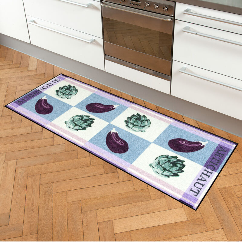 Ce tapis de sol spécial cuisine au design exclusif au motif aubergine protège sols et articulations Photo 2