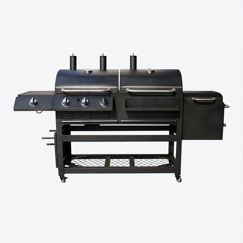 Barbecue haut de gamme à 4 fonctions : barbecue à charbon de bois, barbecue à gaz, chambre de fumage, plaque de cuisson au gaz