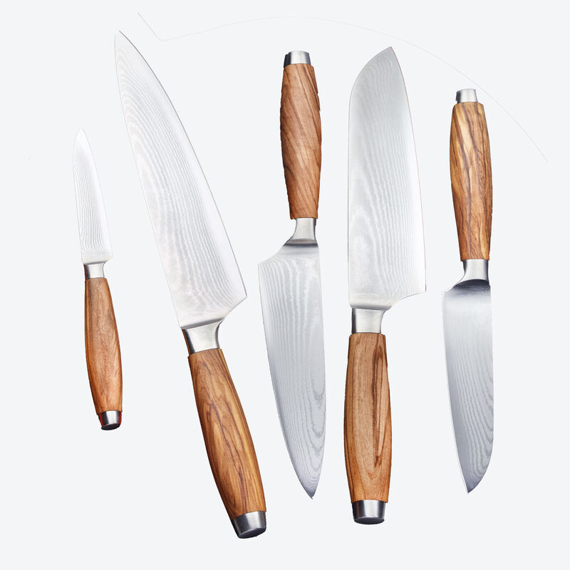 Ensemble de 5 couteaux damas premium avec manches en bois d'olivier noble