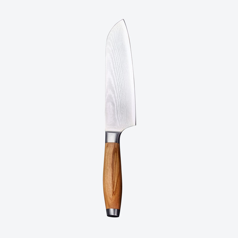 Grand couteau Santoku damas avec manche en bois d'olivier noble : rpond aux exigences les plus leves