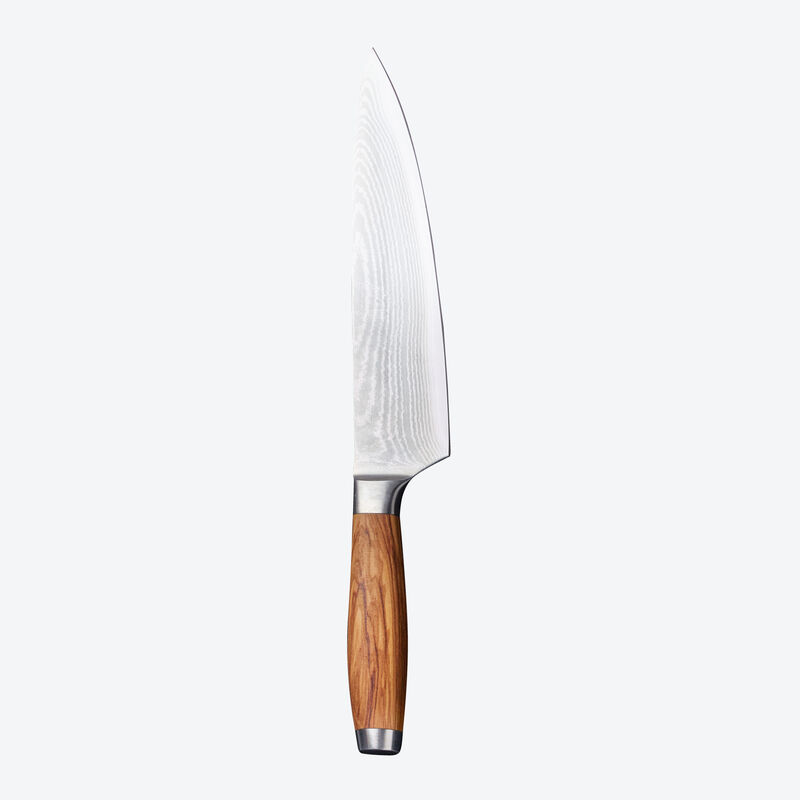 Grand couteau de chef damas avec manche en bois d'olivier noble : rpond aux exigences les plus leves