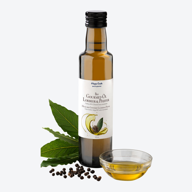Huile d'olive BIO au laurier et au poivre - Huile Gourmet parfumée, très aromatique
