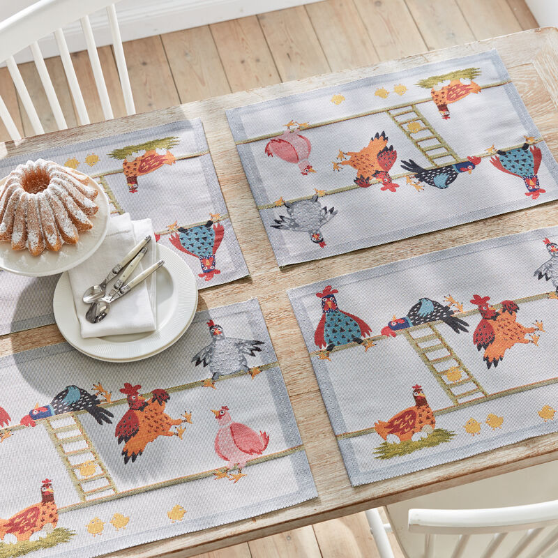 Joyeux set de table suédois motif poulailler en jacquard, tissage traditionnel