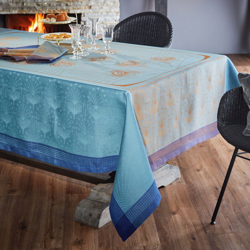 Nappe  - Linge de table Art déco en lin, Jacquard Français, motif plumes de paon