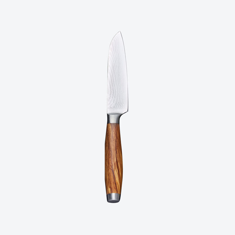 Petit couteau Santoku damas avec manche en bois d'olivier noble : rpond aux exigences les plus leves