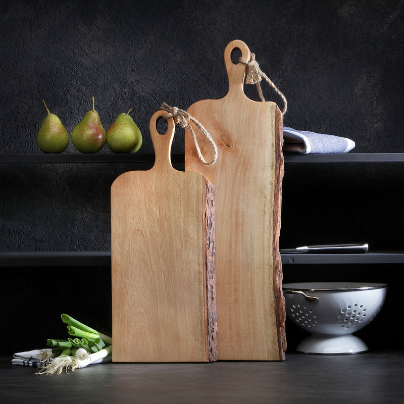 Planche à découper et de service décorative en bois de manguier avec écorce