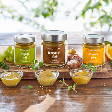 Image du produit pour 'Coffret gourmand de moutardes - moutarde pour saucisses, au riesling et � l'orange, 210 ml + 2 x 130 ml'