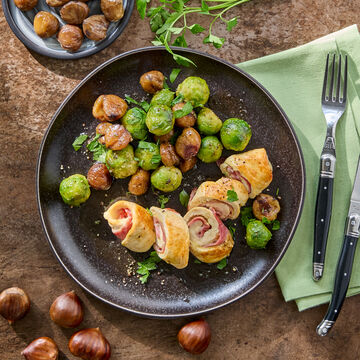 Image du produit pour 'Involtini de volaille, choux de Bruxelles glac�s aux ch�taignes'