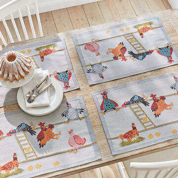 Image du produit pour 'Joyeux set de table sudois motif poulailler en jacquard, tissage traditionnel'