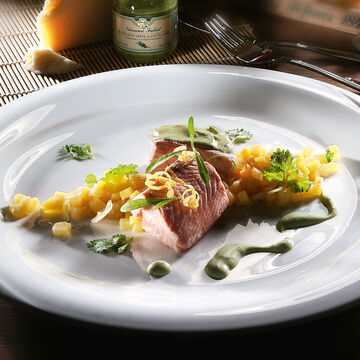 Image du produit pour 'Risotto de pommes de terre, saumon poch et sa crme  la moutarde  l'estragon'