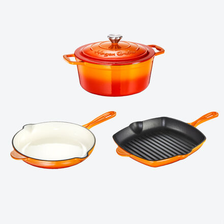 Image du produit pour 'Batterie de cuisine en fonte - cocotte, po�le � frire et gril carr�, 2 coloris'