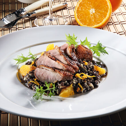 Image du produit pour 'Magret de canard sur lentilles  l'orange et  l'essence de balsamique'