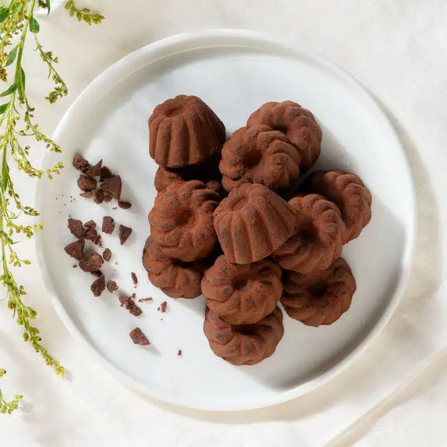 Schokoladenpralinen in Gugelhupf-Form, fein mit Kakao bestäubt, serviert auf weißem Teller mit Schokoladenstücken