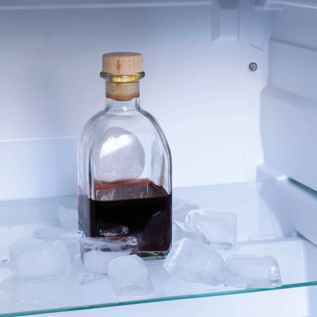 Kleine Glasflasche mit dunklem Likör auf Eiswürfeln im Kühlschrank aufbewahrt