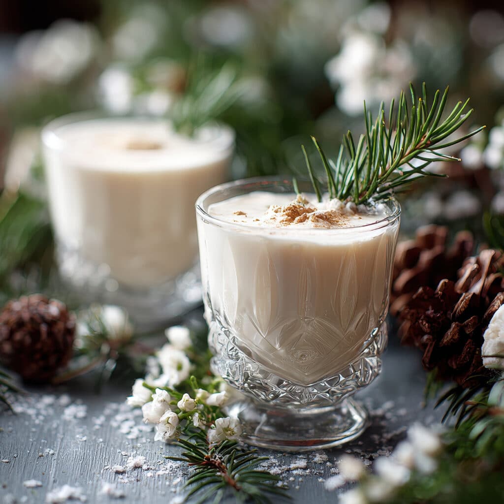 Cremiger Weihnachtslikör im Glas mit Tannenzweig-Deko, umgeben von Winterblumen und Zapfen