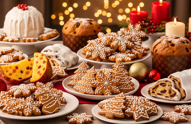 Weihnachtsplätzchen in Schneeflocken- und Tannenbaumform mit Zuckerguss, Panettone und Stollen auf festlicher Tafel